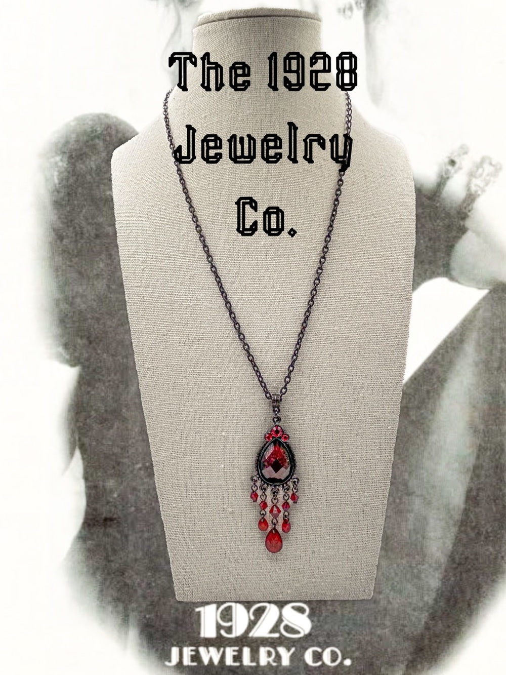 Vintage 1928 Brand Gothic Red Rhinestone Chandelier Pendant Necklace